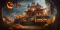 A mysterious house with pumpkins in the night - Halloween illustration theme