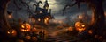 A mysterious house with pumpkins in the night - Halloween illustration theme