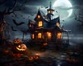 A mysterious house with pumpkins in the night - Halloween illustration theme