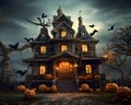 A mysterious house with pumpkins in the night - Halloween illustration theme