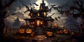 A mysterious house with pumpkins in the night - Halloween illustration theme