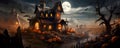 A mysterious house with pumpkins in the night - Halloween illustration theme