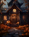 A mysterious house with pumpkins in the night - Halloween illustration theme