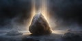 Mysterious illuminated rock formation surrounded by mist and shadows Royalty Free Stock Photo