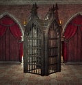 Mysterious iron cage in a dark gothic room