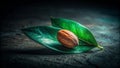 Mysterious Jade Leaf Enfolds Single Almond A Study in LowKey Light and Dramatic Shadow Royalty Free Stock Photo
