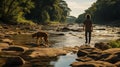Mysterious Jungle: A Charming Encounter Of Man And Dog In Golden Light