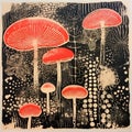 Mysterious Jungle: Encaustic Lino Print With Mushroom Heads