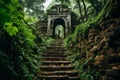 Mysterious jungle ruins lost civilization temples in adventure art style with lush green tones