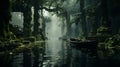 Mysterious Jungle: A Serene Boat Journey Through A Dark Forest