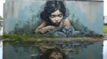 Mysterious Jungle: Street Art Mural Of Peasant Girl In Cyan Lagoon