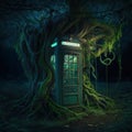 mysterious jungle telephone booth discovered in the magical forest at night telephone box in the mystical fictional jungle