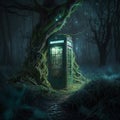 mysterious jungle telephone booth discovered in the magical forest at night telephone box in the mystical fictional jungle