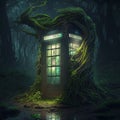 mysterious jungle telephone booth discovered in the magical forest at night telephone box in the mystical fictional jungle