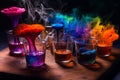 Mysterious laboratory with multicolored liquids and mushrooms sprouting, an experimental invention in progress