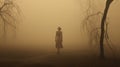 Mysterious Lady Walking Through Brown Fog - Dark Beige And Amber Aesthetic