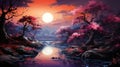 Mysterious landscape with full moon reflecting in the water, generative ai