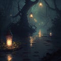 Mysterious lanterns in the swamp Royalty Free Stock Photo