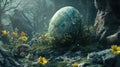 a mysterious, large, weathered egg covered in moss and surrounded by vibrant wildflowers Royalty Free Stock Photo