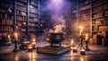 Mysterious library cauldron with steaming potion and glowing candles illuminating ancient books. Generative AI Royalty Free Stock Photo