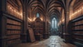 A mysterious library in the dungeon of a castle, where books on magic and history are on the shelves