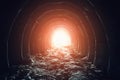 Mysterious light in the end of tunnel. Escape and exit to freedom and hope concept. Abandoned industrial corridor in chalk mine Royalty Free Stock Photo