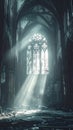 Mysterious light streams through a stained glass window in a derelict cathedral Royalty Free Stock Photo