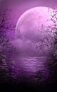 Mysterious lilac landscape with a large glowing pink moon and mystical river covered in fog, nature with dark river bank.