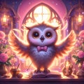 A mysterious and lovely owl in a magical school with fresh flowers, smile, dream magical world, cartoon, disney, fantasy art