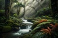 Mysterious Magical Dark rain forest with sun light shine through canopy