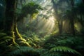 Mysterious Magical Dark rain forest with sun light shine through canopy