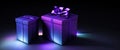 Mysterious magical two gift box on black baclground. Wonderful fabulous gifts on dark background. copy space. 3D rendering