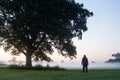 A mysterious man, back to camera. Standing in a field next to an Oak tree on a misty summer`s morning, just before sunrise