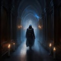 A mysterious man in a black robe performs mystical mysteries in an ancient Gothic temple Royalty Free Stock Photo