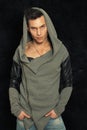 Mysterious man with hood. Portrait fashionable man Royalty Free Stock Photo
