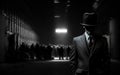 Mysterious man in suit in front of a crowd in a warehouse - illustration