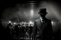 Mysterious man in suit in front of a crowd in a warehouse - illustration