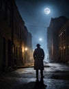 Mysterious Man in Trench Coat and Hat Standing in Dark Alleyway at Night. Generative AI.