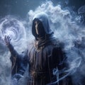 mysterious masked wizard amongst swirling smoke and fog