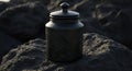 Ancient Black Urn with Cryptic Etchings on a Dark, Rocky Landscape Royalty Free Stock Photo