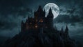 Mysterious medieval castle illuminated by the glow of a full moon on a cloudy night Royalty Free Stock Photo