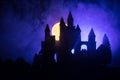 Mysterious medieval castle in a misty full moon. Abandoned gothic style old castle at night Royalty Free Stock Photo