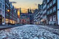 Mysterious medieval street in Gdansk, Poland, twilight view, no people