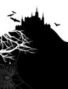 Halloween theme vector background with vampire castle and spider web