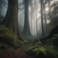 A mysterious and mist-covered forest with towering, ancient trees2 Royalty Free Stock Photo