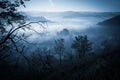 Mysterious misty morning over Biertan village, Transylvania, Romania Royalty Free Stock Photo