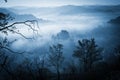 Mysterious misty morning over Biertan village, Transylvania, Romania Royalty Free Stock Photo