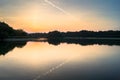 Summer sunset on the palace pond of museum-estate Kuskovo, Moscow. Russia.