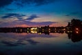 Summer sunset on the palace pond of museum-estate Kuskovo, Moscow. Russia.