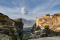 Mysterious monasteries hanging over the rocks of Meteora. Beautiful view of the Varlaam Monastery, located on the edge of a high